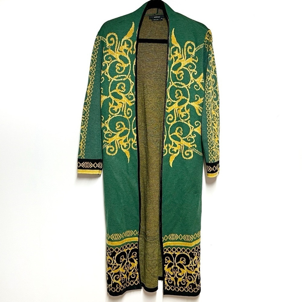 VERTIGO PARIS GREEN BLACK & GOLD LONG OPEN DUSTER CARDIGAN SWEATER Sz M
